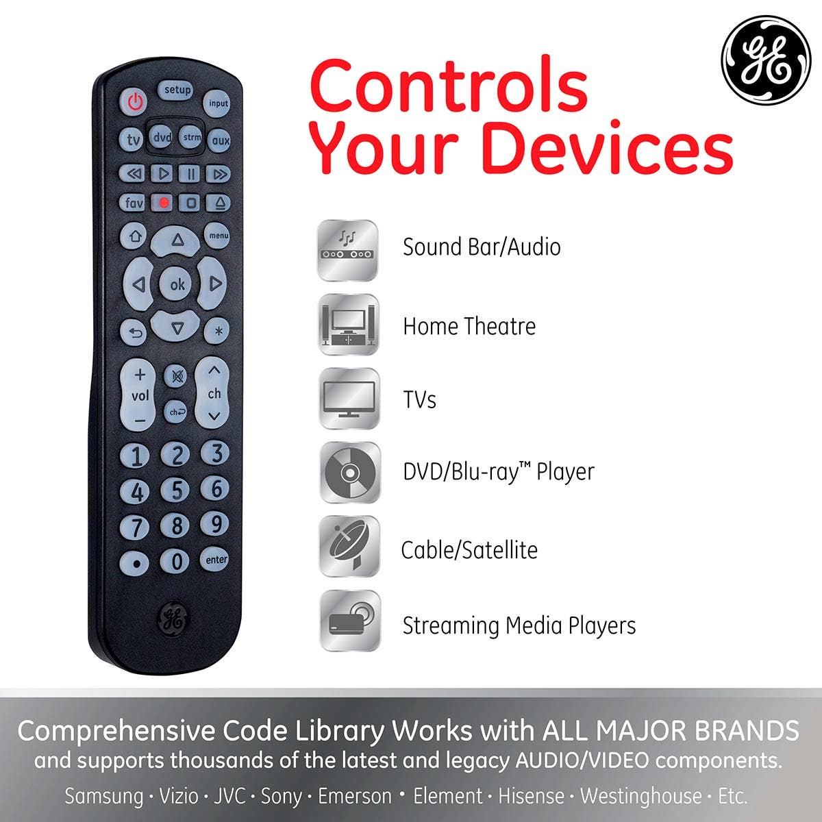 GE 4-Device Backlit Universal Remote, Black