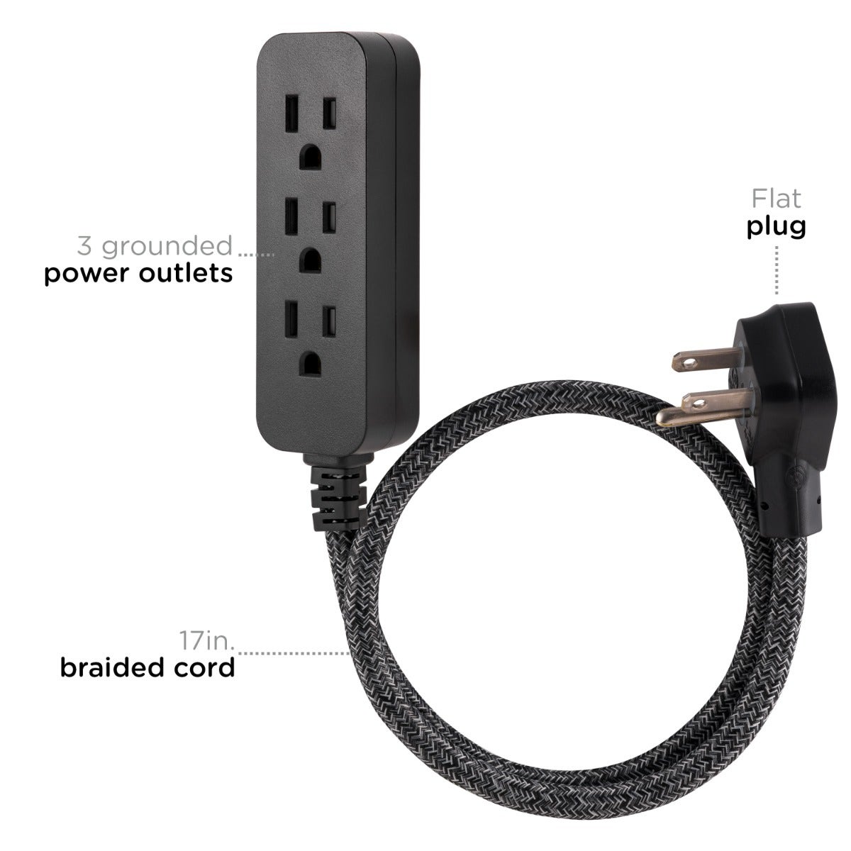 Cordinate 3-Outlet 2ft. Braided Extension Cord with Flat Plug, Black/Gray
