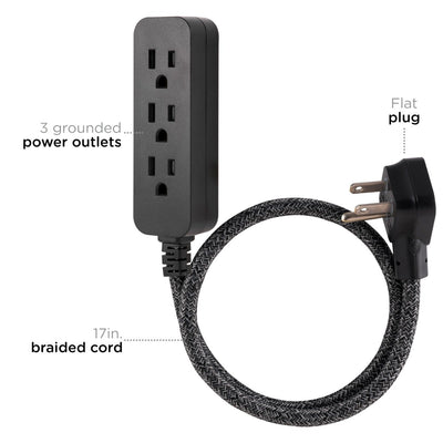 Cordinate 3-Outlet 2ft. Braided Extension Cord with Flat Plug, Black/Gray