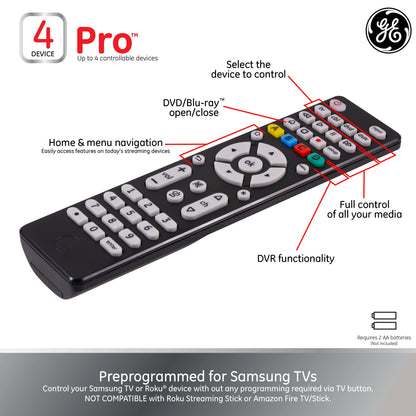 GE 4-Device Universal Remote, Brushed Black