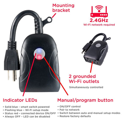 UltraPro Outdoor Plug-In 2-Outlet WiFi Smart Switch, Black