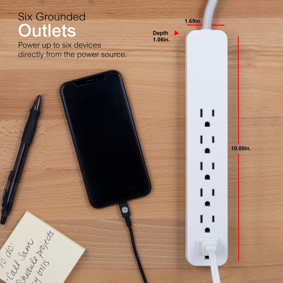 GE 6-Outlet Surge Protector 20ft. Braided Cord, White