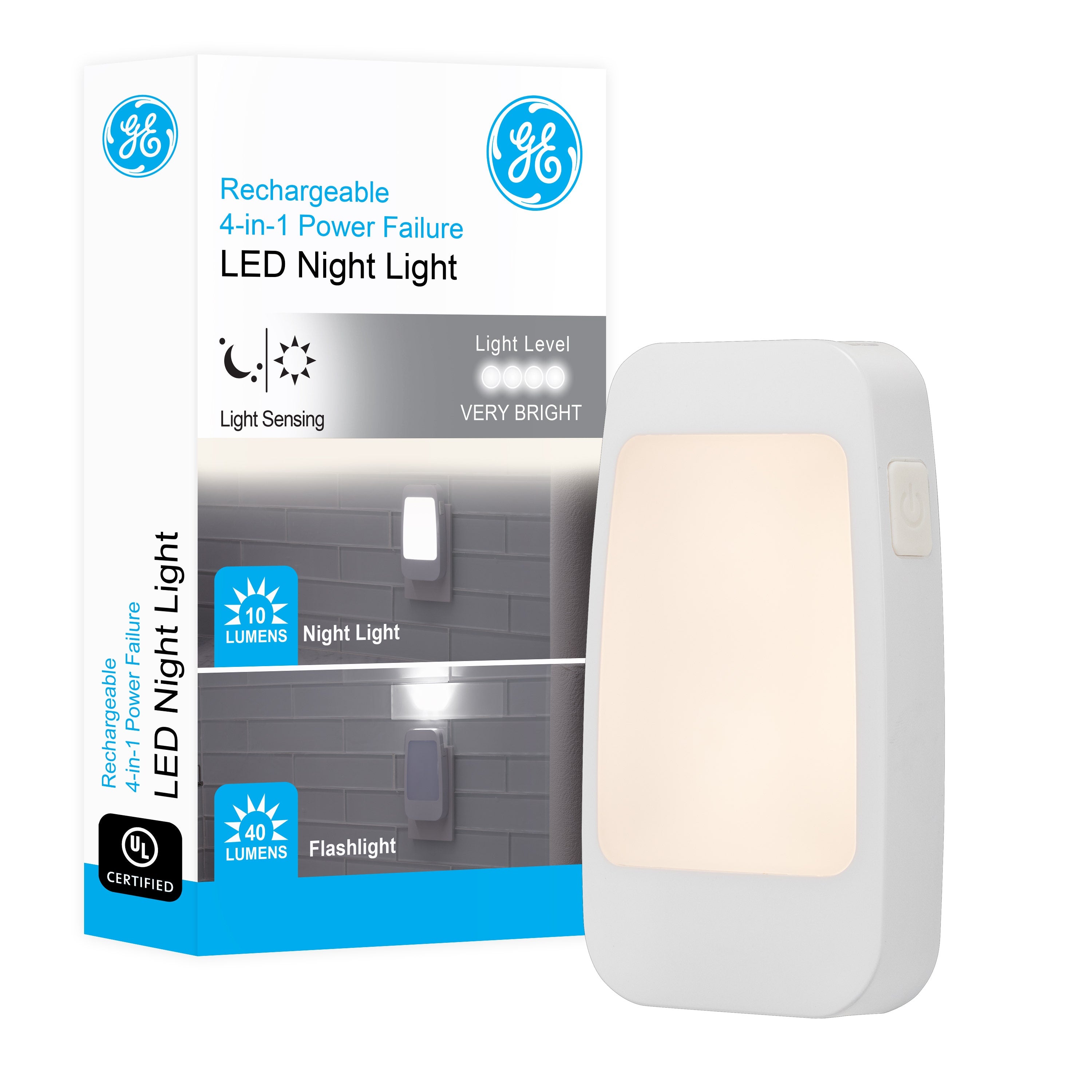 GE 4-in-1 Rechargeable Power Failure Light Sensing LED Night Light, White