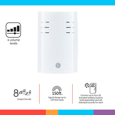 GE Plug-In 8-Chime Wireless Door Chime Kit with 2-Push Buttons, White