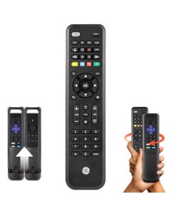 GE 4-Device Universal Companion Remote for Roku and Amazon TV with Flip and Slide Cradle, Black
