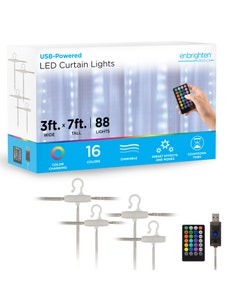 Enbrighten Basics LED USB-Powered Color-Changing Curtain Gem Lights, 88 Lights, 3ft. by 7ft., White
