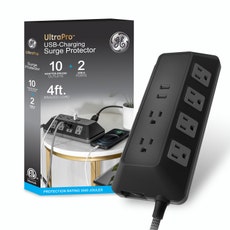 GE 10-Outlet 2-USB 4ft. Surge Protector with Adapter-Spaced Outlets, Black