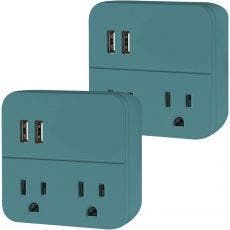 Cordinate 2-Outlet 2-USB Wall Tap with Surge Protection, 2 Pack, Teal