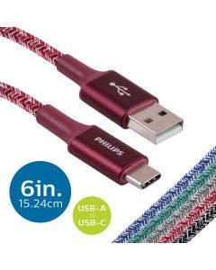 Philips 6in. USB-A to USB-C Braided Charging Cable, Brick Red
